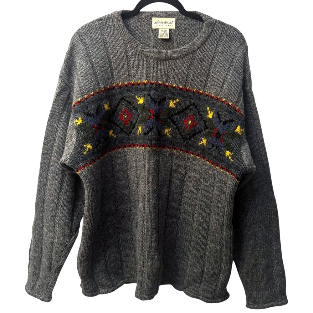Vintage Y2K Eddie Bauer Intarsia Wool Sweater L Geo Graphic Pattern Stripe Gray